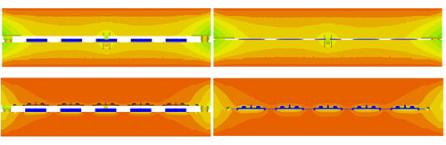 The view of the mold when opening: left, when closing: right. Thermal influences in the mold as seen from the outside: above, from the center: below. (c) SIGMA Engineering GmbH